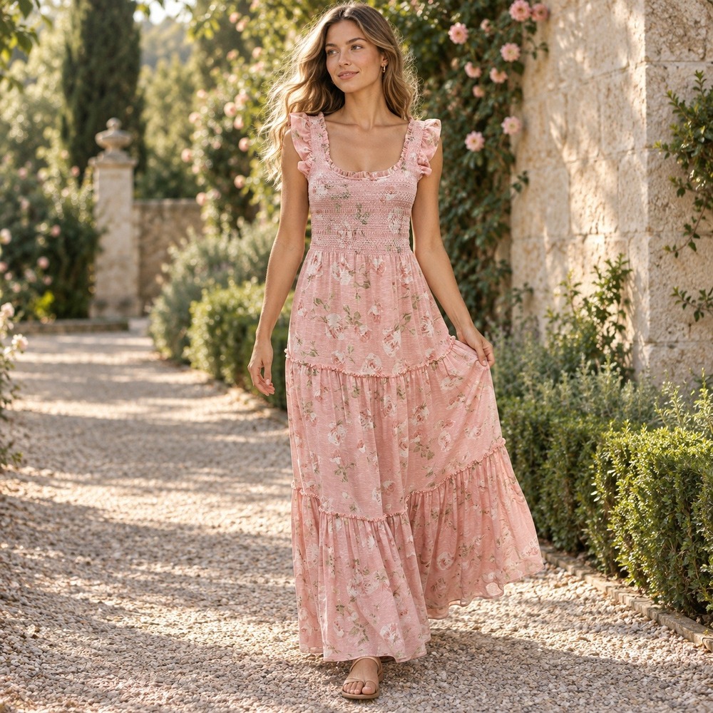 LoveShackFancy Chessie Cotton Maxi Dress Pink Floral Smocked Ruffle Womens XS